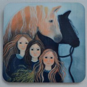Underlägg med tre flickor och hästar